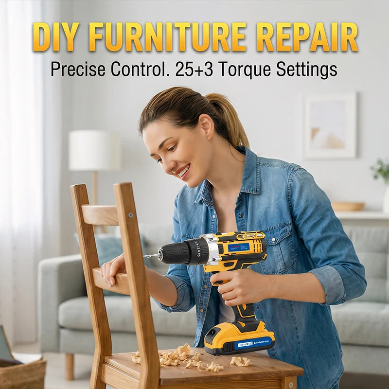 21V Electric Screwdriver Yellow Cordless Drill Set Household Power Drill Driver Home DIY Tool Kit