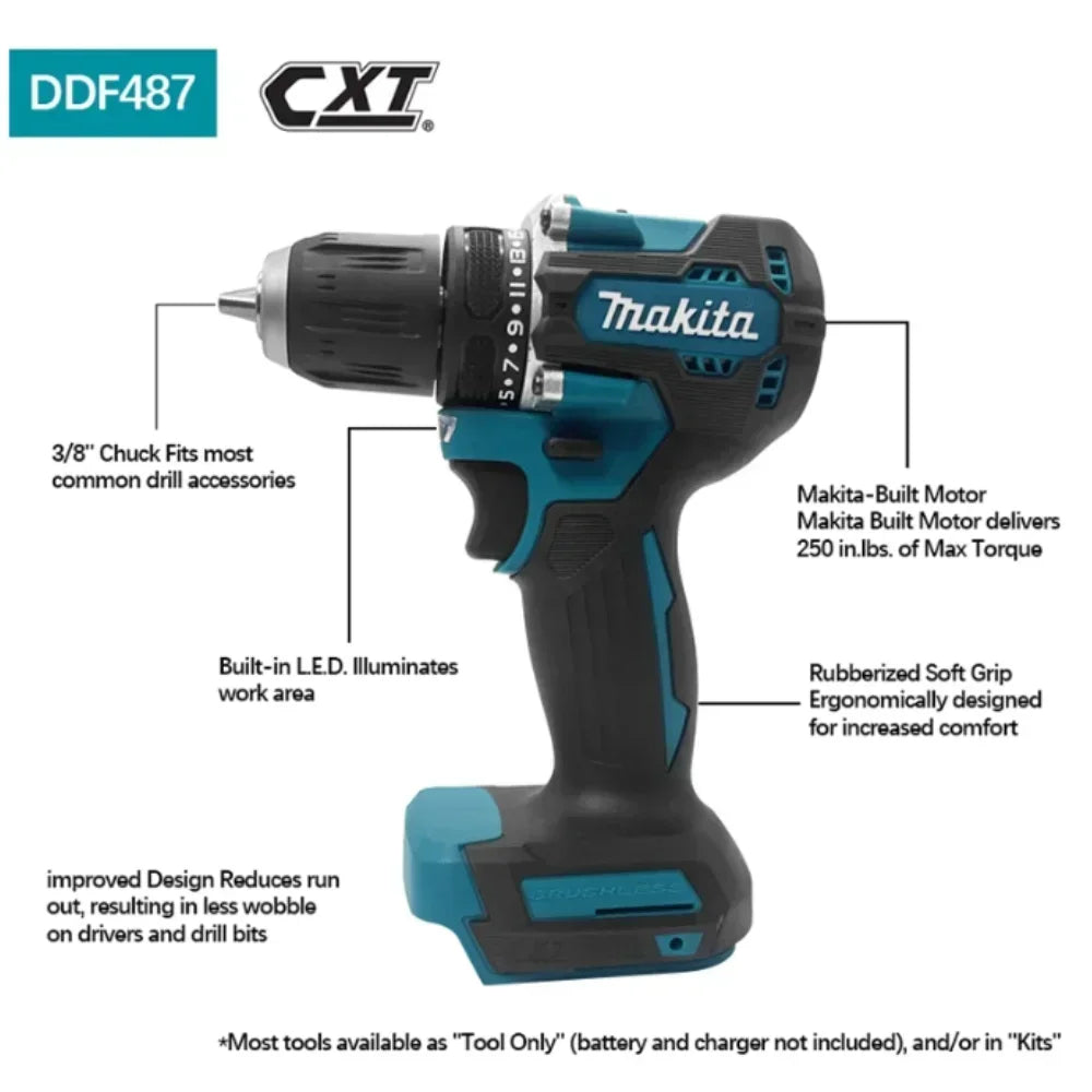 Makita Original DDF487 Cordless Driver Drill 18V Brushless Electric Impact Screwdriver Rechargeable Power Tool (ony tool)