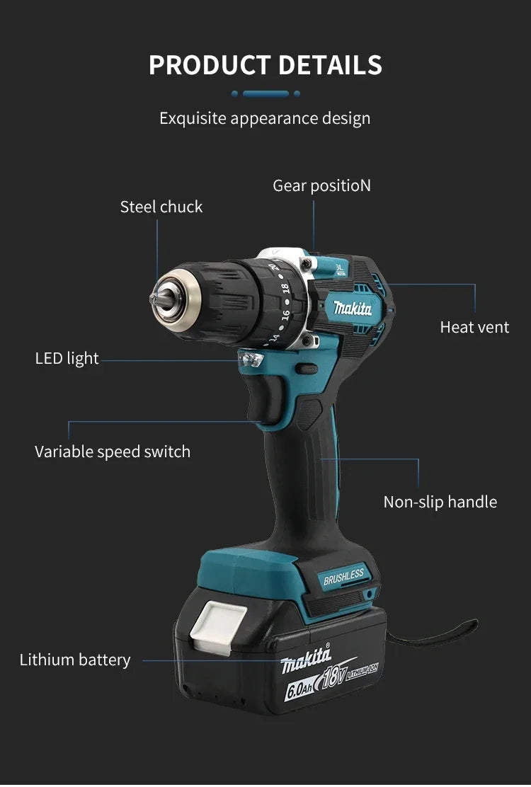 Makita DDF487 18V Cordless Brushless Electric Drill Driver Compact High Torque LXT Electric Variable Speed Brushless Motor Tool