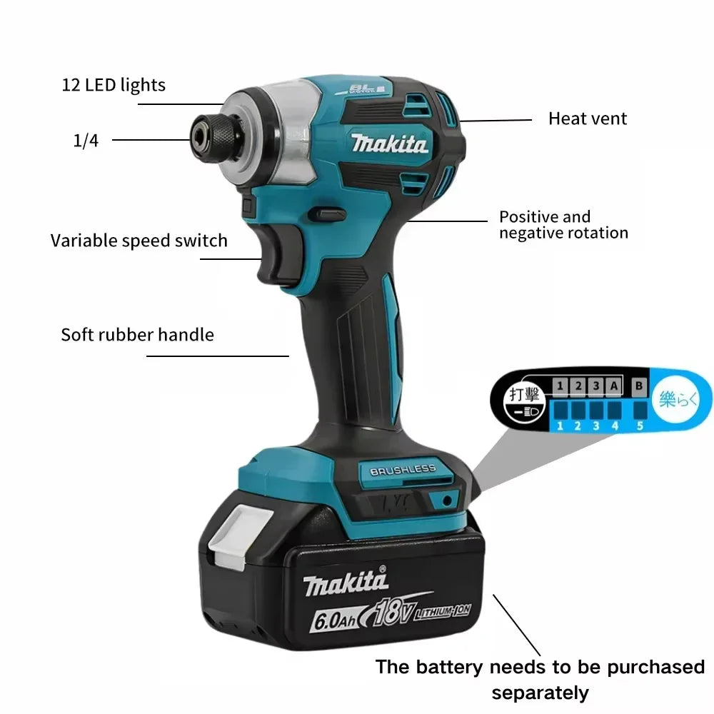 2025 Makita DTD173 bule 18v Brushless Lithium-ion Impact Driver Power Tool Multifunctional Tool, Drill Bit, Power Tool