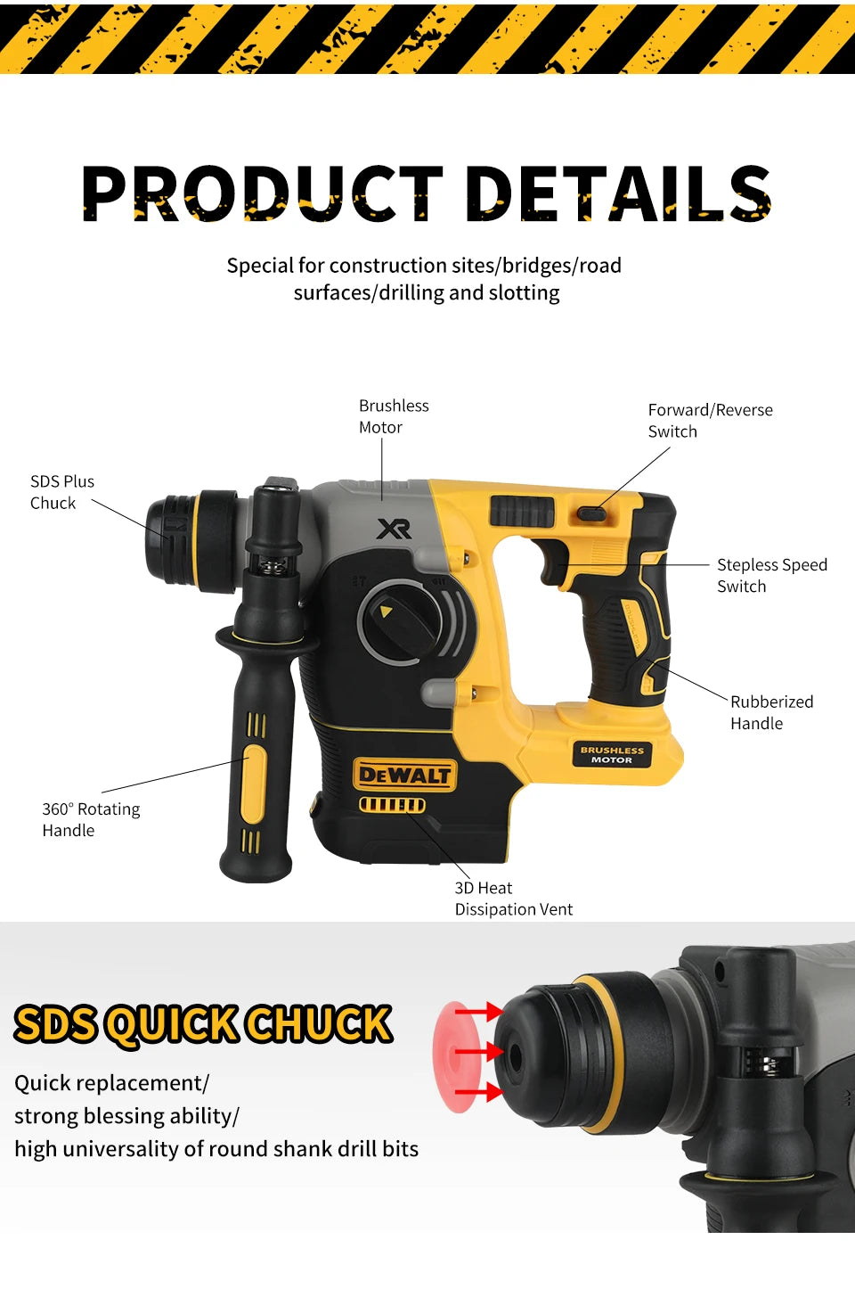 DEWALT DCH273 20V 6.0Ah Brushless SDS-Plus Rotary Hammer 2.1J 360° Handle Stepless Speed for Concrete Drilling