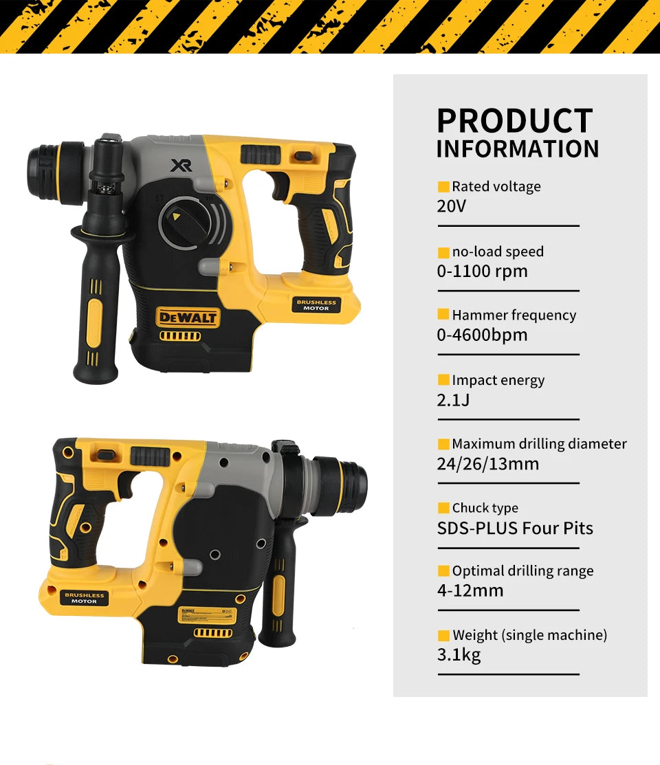 DEWALT DCH273 20V 6.0Ah Brushless SDS-Plus Rotary Hammer 2.1J 360° Handle Stepless Speed for Concrete Drilling