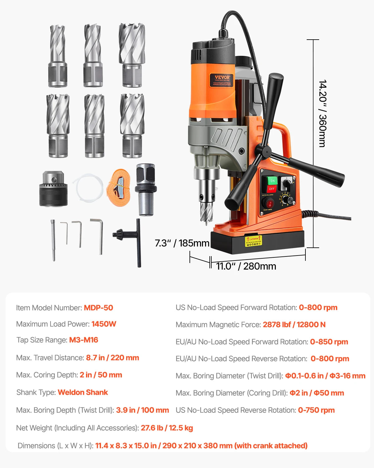 SucceBuy Magnetic Drill 1450W Motor Boring Diameter 2810 lbf Portable Electric Mag Drill Press Variable Speed Drilling Machine
