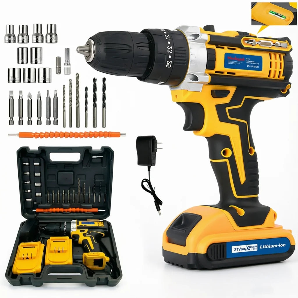 21V Electric Screwdriver Yellow Cordless Drill Set Household Power Drill Driver Home DIY Tool Kit